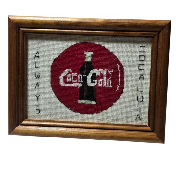 Vintage Coca Cola Cross Stitch Art In Wooden Frame Soda Pop Collectible  8 x 6 - Picture 1 of 11